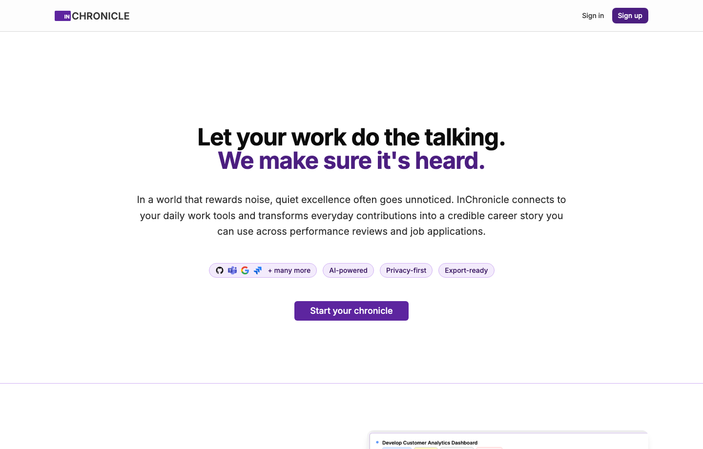 InChronicle homepage showing a product that turns daily work into a credible career story.