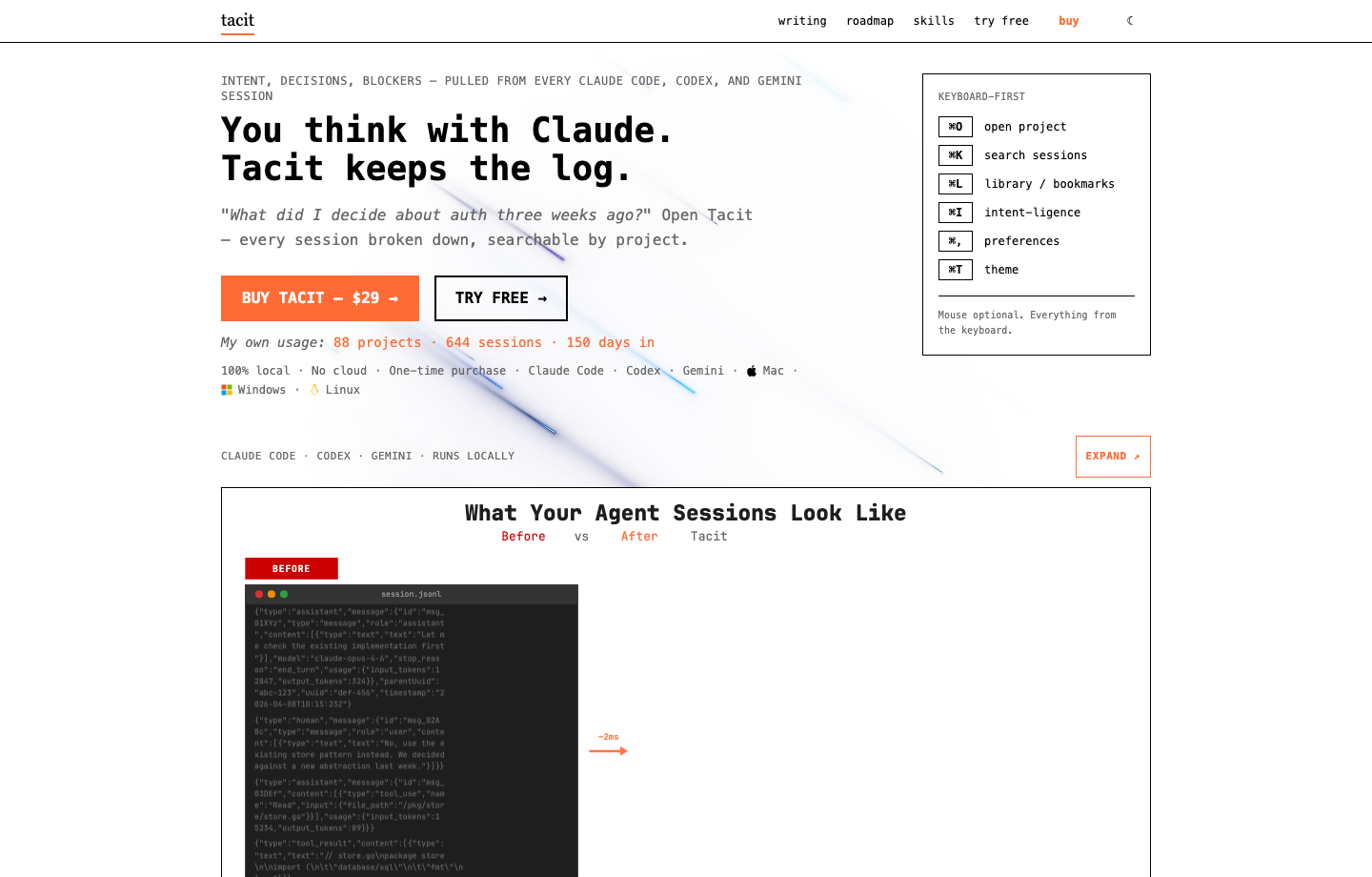 Tacit homepage showing a keyboard-first session memory product for Claude Code, Codex, and Gemini.